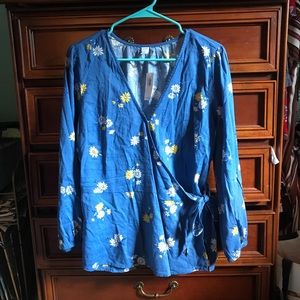 NWT Wrap Tie Front Long Sleeve Blue Blouse